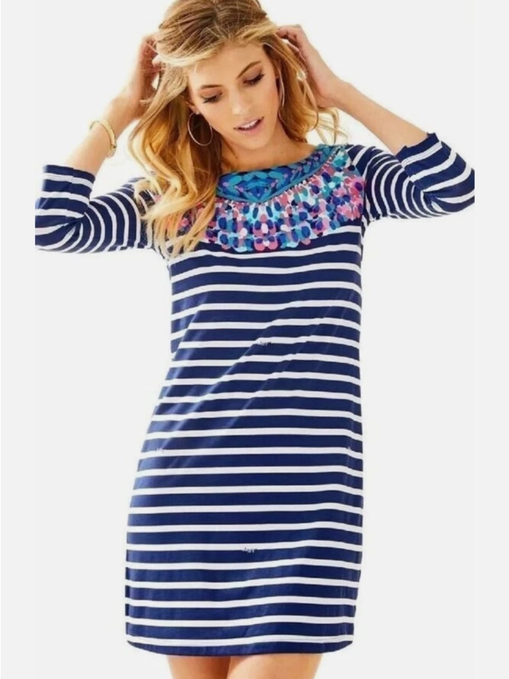 BOGO! Lilly Pulitzer Bay Dress Island Medallion Stripe Navy Pima Cotton Large